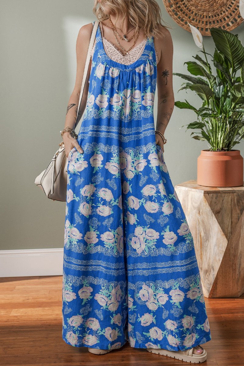 Blue Floral Print Wide Leg Sleeveless Jumpsuit for Summer - Love Salve