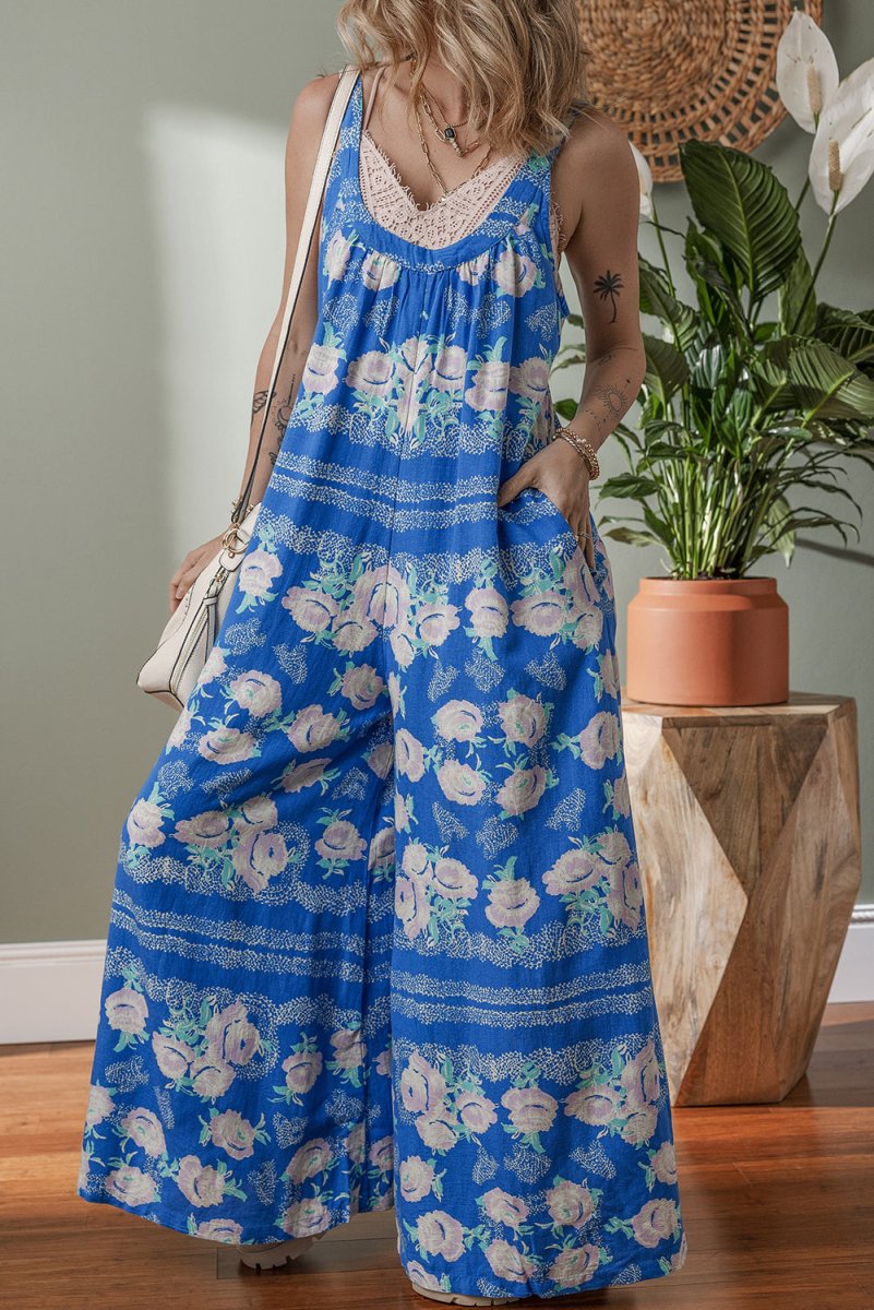 Blue Floral Print Wide Leg Sleeveless Jumpsuit for Summer - Love Salve