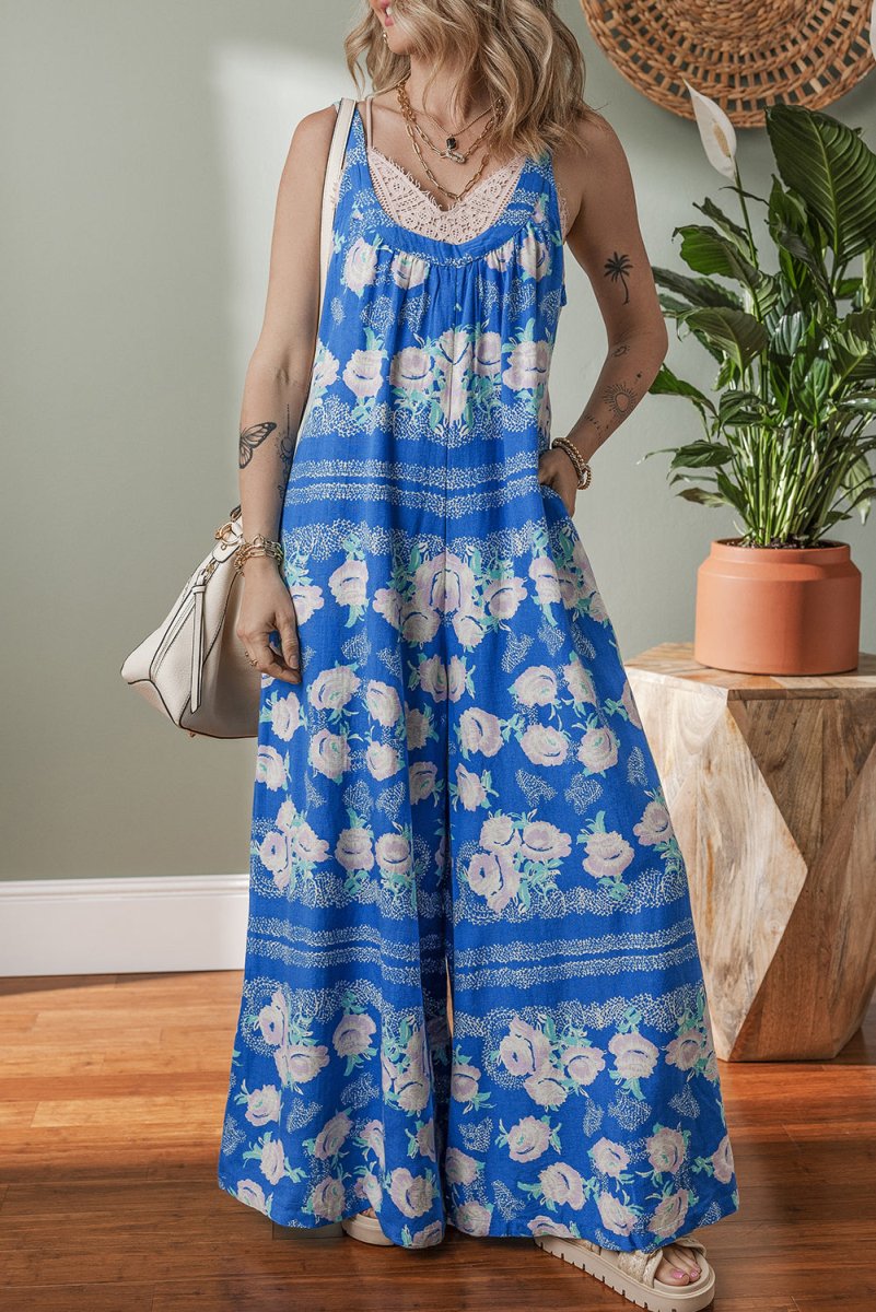 Blue Floral Print Wide Leg Sleeveless Jumpsuit for Summer - Love Salve