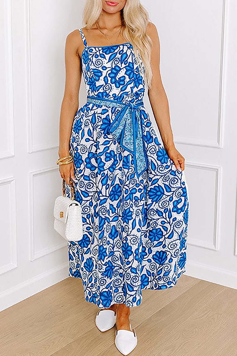 Blue Floral Printed Spaghetti Strap Maxi Dress with Waist Tie - Love Salve