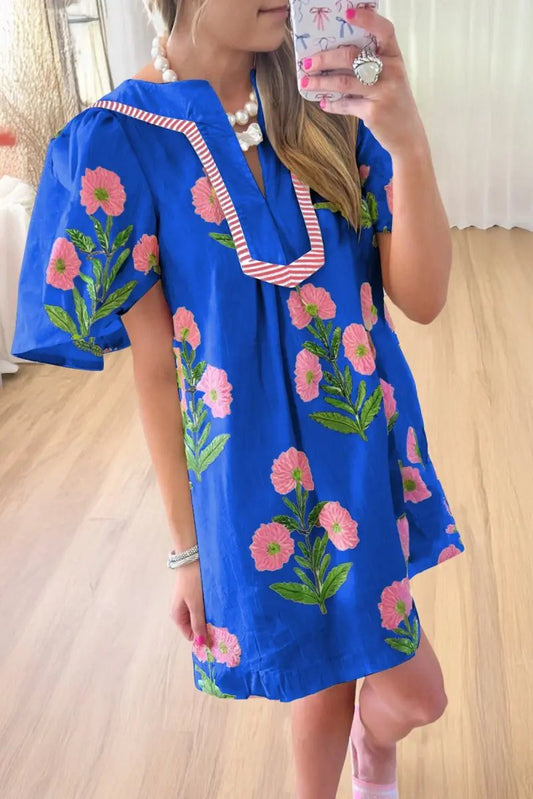 Blue Floral Short Sleeve Split Neck Loose Mini Dress - Love Salve