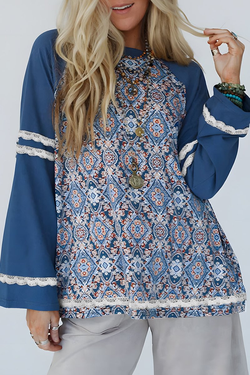 Blue Geometric Printed Lace Patchwork Ric Rac Raglan Top - Love Salve