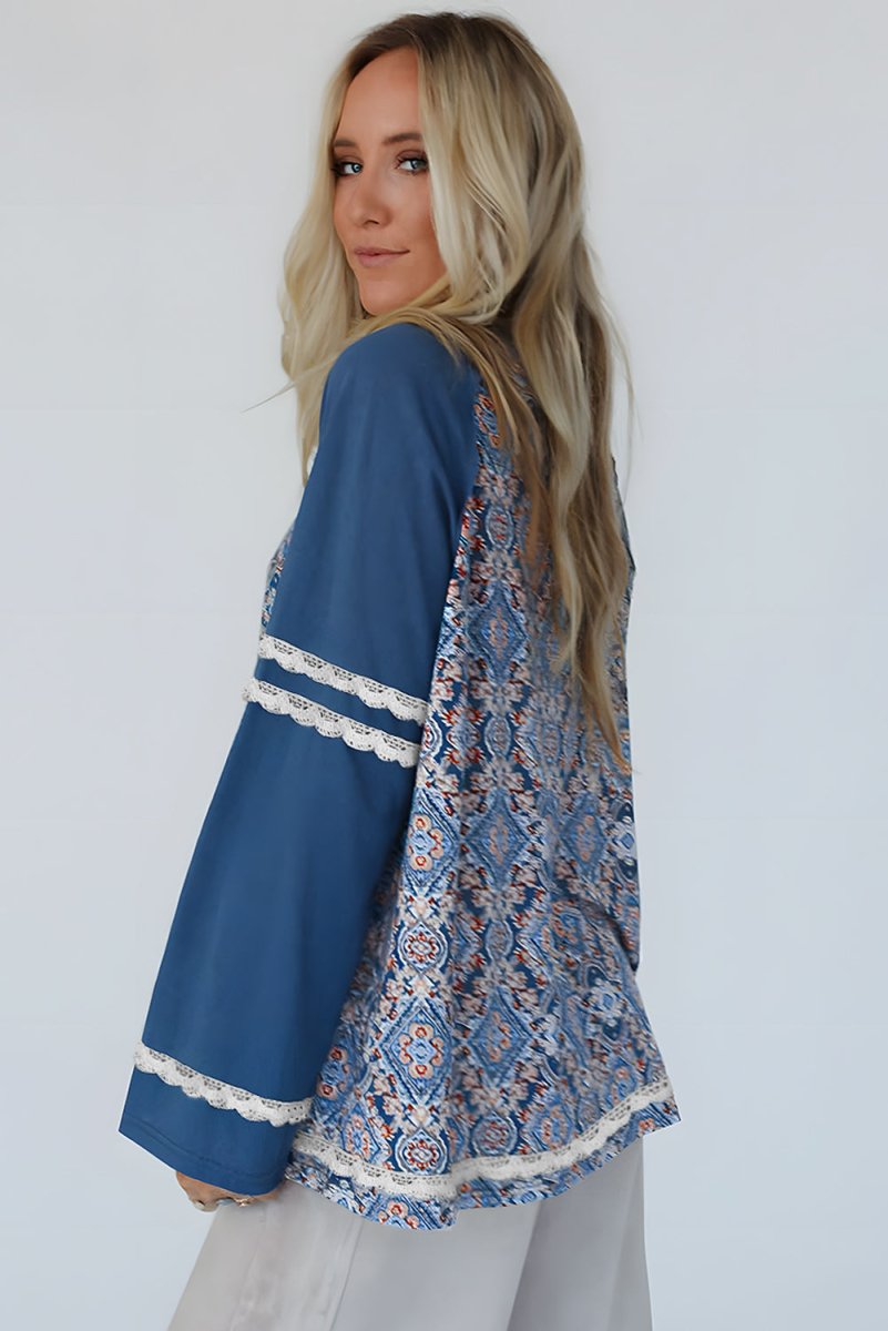 Blue Geometric Printed Lace Patchwork Ric Rac Raglan Top - Love Salve