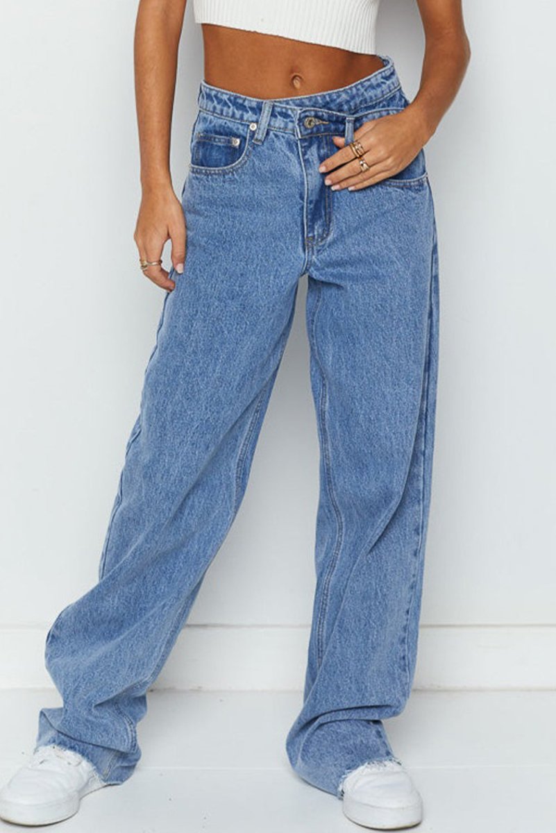 Blue Mid Rise Asymmetrical Waist Wide Leg Jeans for Women - Love Salve