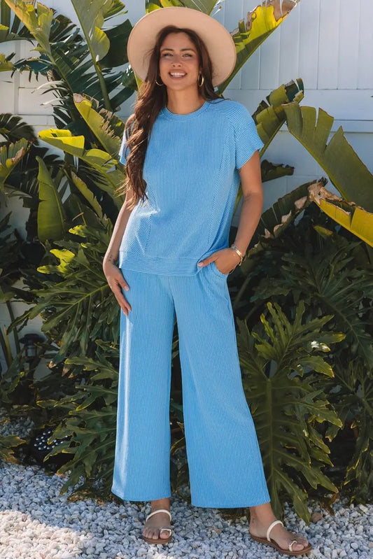 Blue Solid Corded Knit Short Sleeve T Shirt and Wide Leg Pants Set - Love Salve