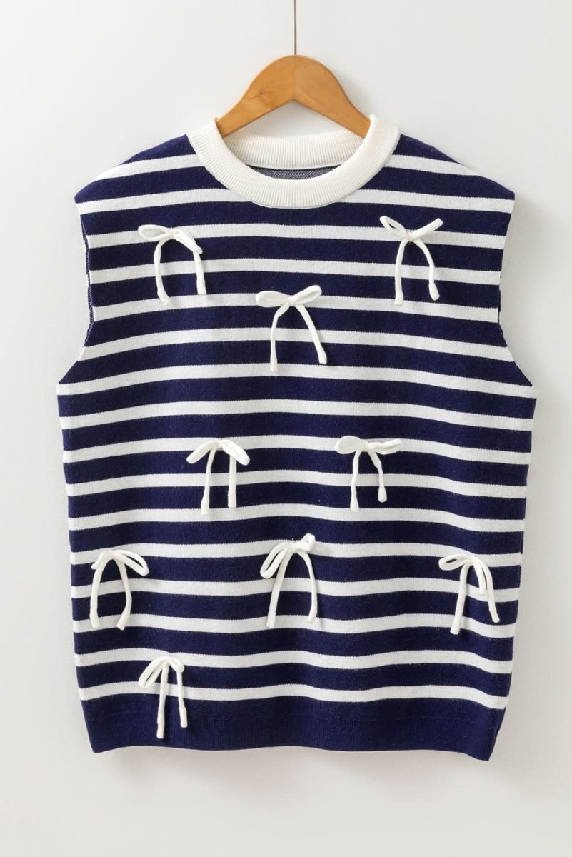 Blue Stripe Knitted Bow Decor Sweater Vest - Love Salve