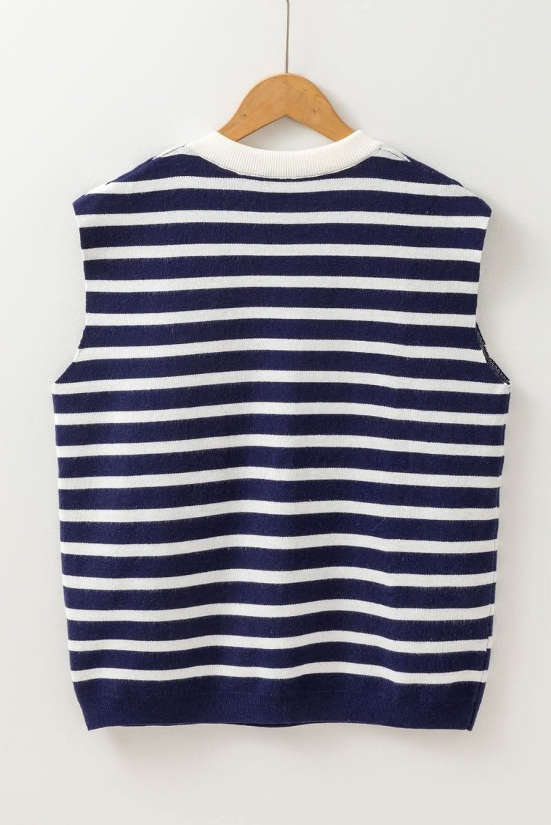 Blue Stripe Knitted Bow Decor Sweater Vest - Love Salve