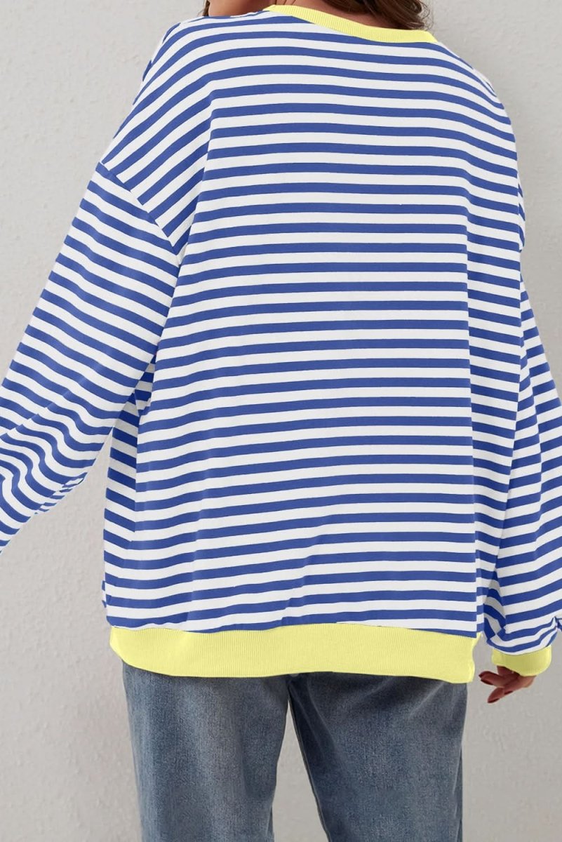 Blue Stripe Oversized Contrast Trim Pullover Sweatshirt - Love Salve
