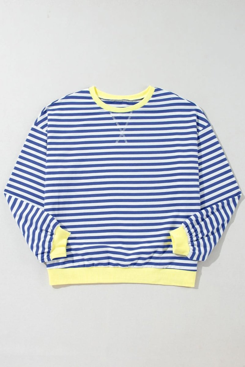 Blue Stripe Oversized Contrast Trim Pullover Sweatshirt - Love Salve