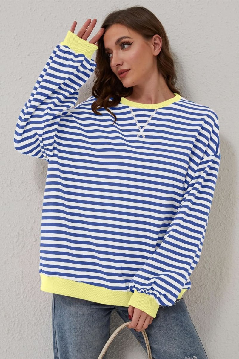 Blue Stripe Oversized Contrast Trim Pullover Sweatshirt - Love Salve
