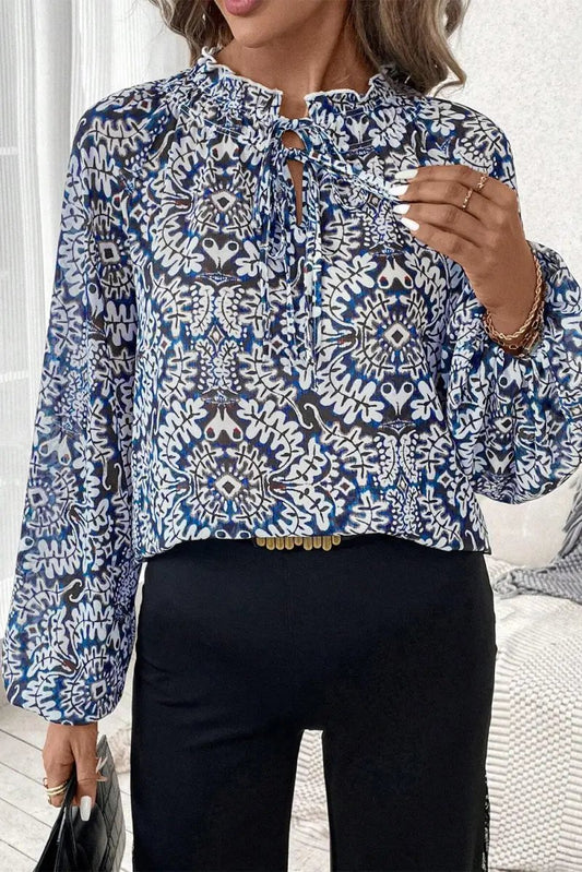 Blue Tribal Print Lace-up Frilled Neck Puff Sleeve Blouse - Love Salve