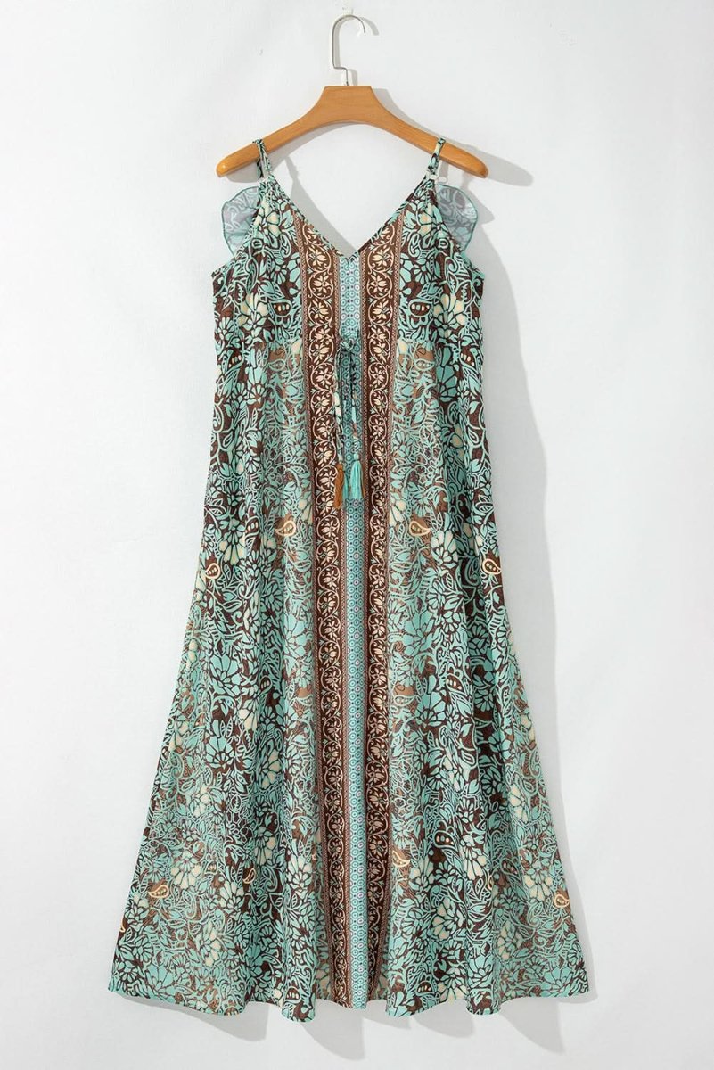 Boho Green Floral V Neck Maxi Dress with Ruffled Trim - Love Salve