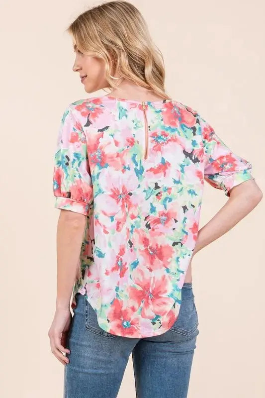 BOMBOM Floral Round Neck Puff Sleeve Top for Women - Love Salve