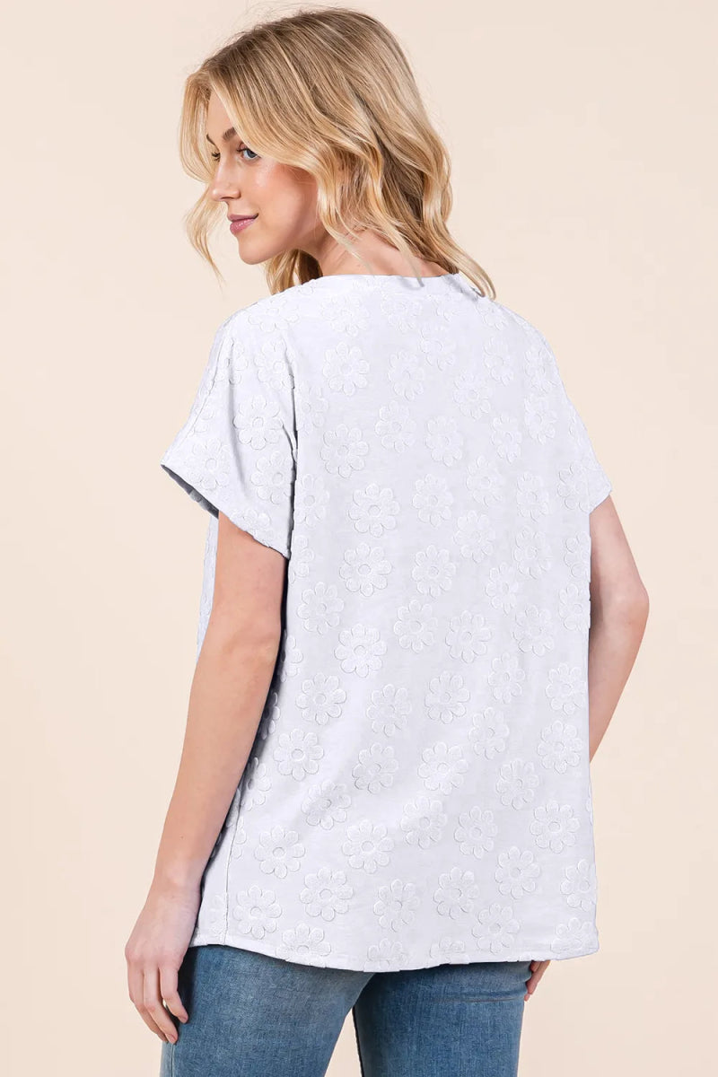 BOMBOM Floral Textured Short Sleeve T-Shirt for Women - Love Salve
