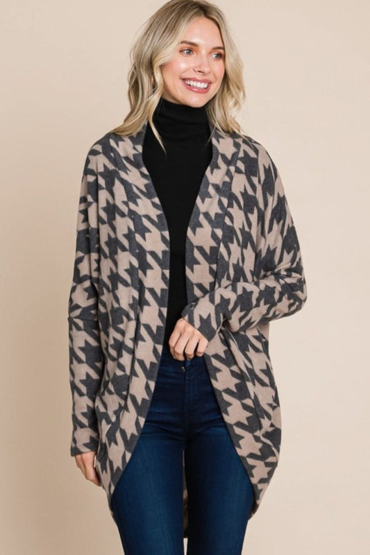 BOMBOM Houndstooth Open Front Cocoon Knit Cardigan - Love Salve