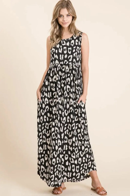 BOMBOM Leopard Maxi Dress with Pockets for Stylish Comfort - Love Salve