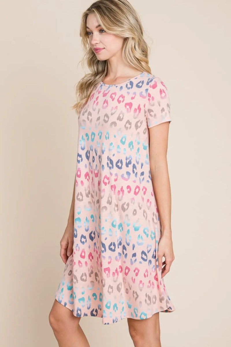 BOMBOM Leopard Round Neck Short Sleeve Dress for Women - Love Salve