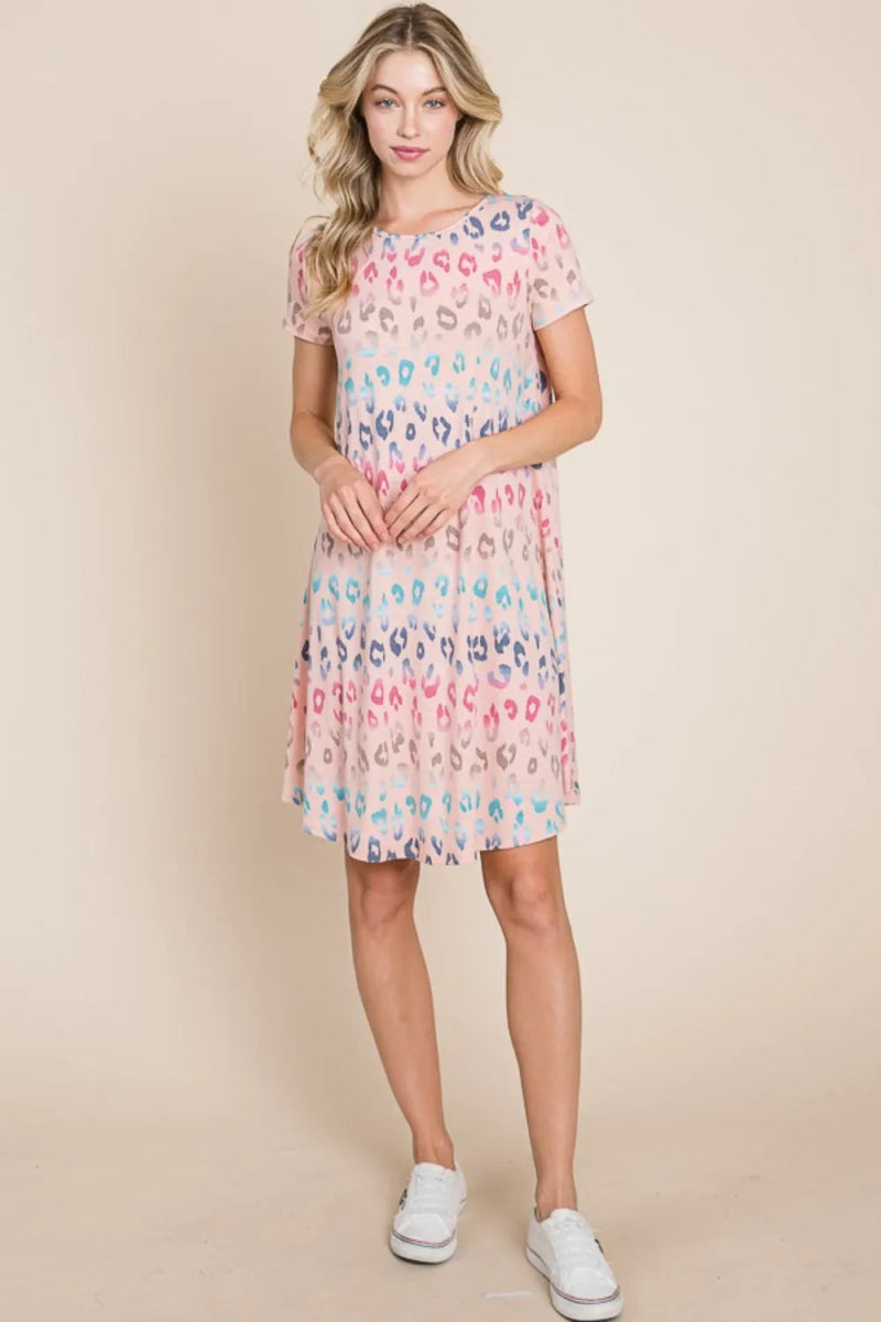 BOMBOM Leopard Round Neck Short Sleeve Dress for Women - Love Salve