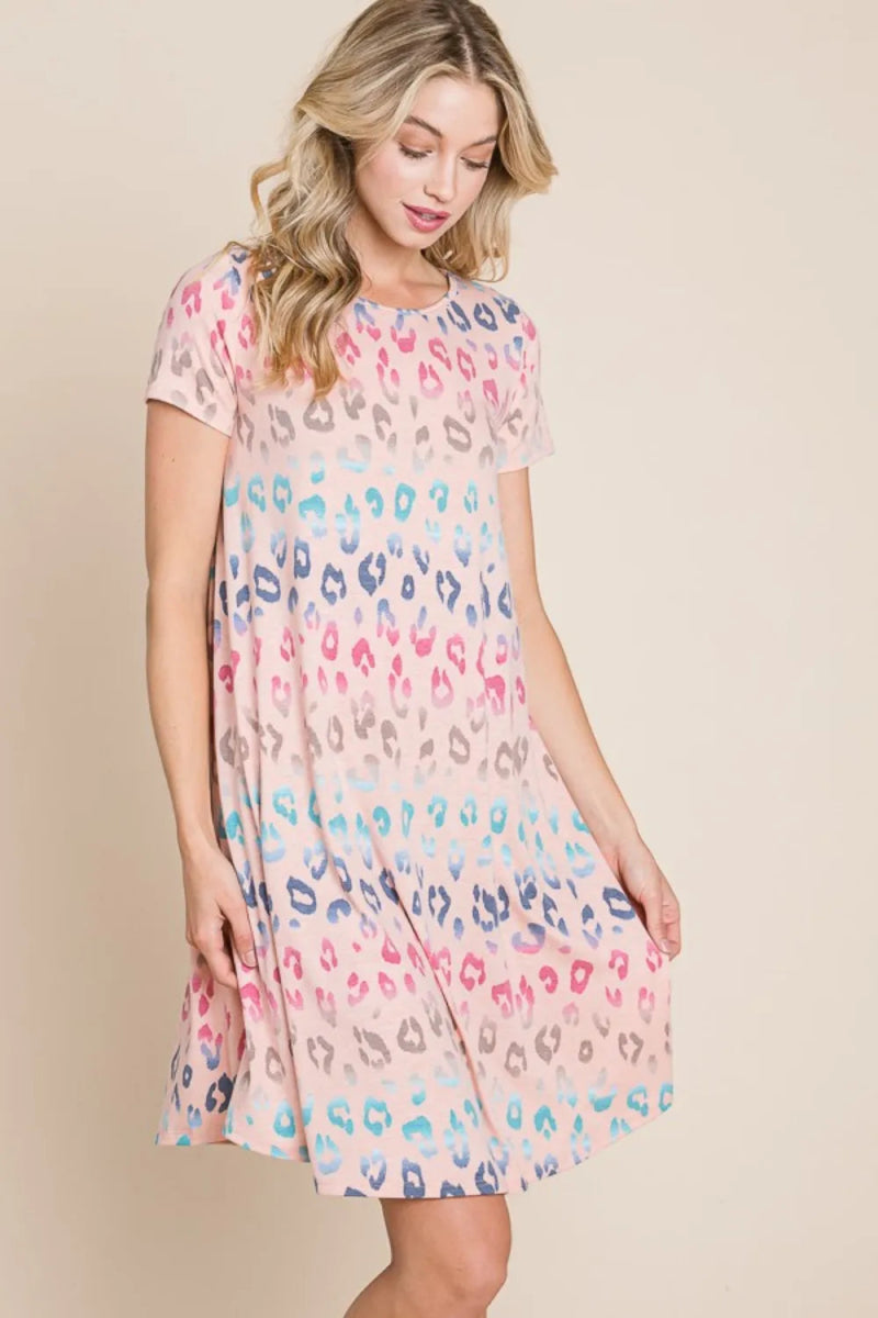 BOMBOM Leopard Round Neck Short Sleeve Dress for Women - Love Salve