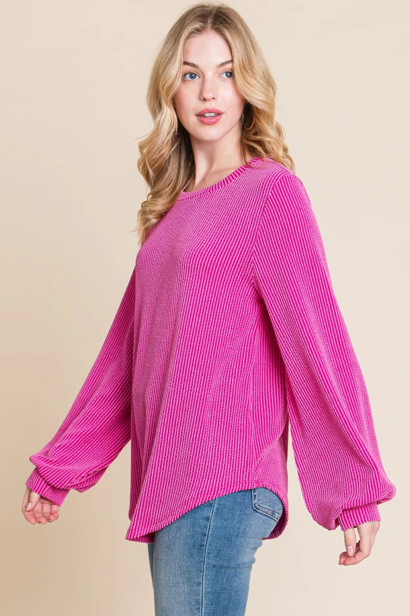 BOMBOM Long Sleeve Curved Hem Ribbed T-Shirt for Women - Love Salve