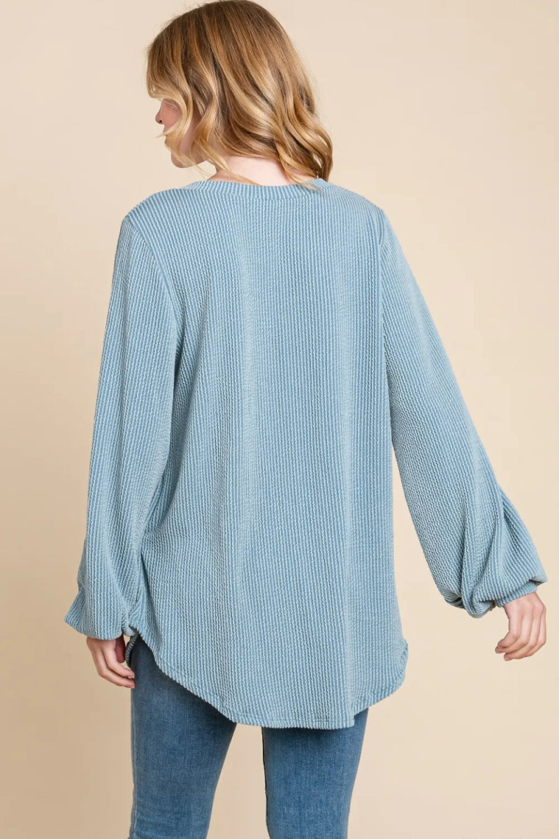 BOMBOM Long Sleeve Curved Hem Ribbed T-Shirt for Women - Love Salve