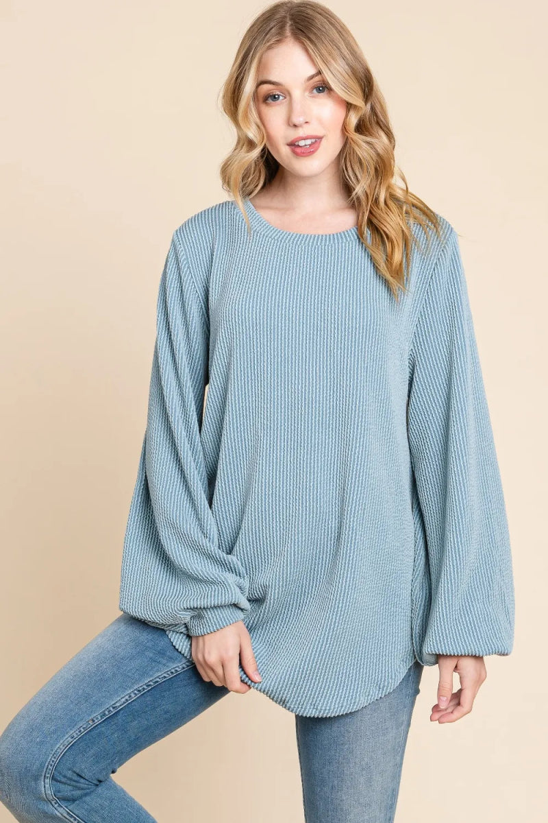 BOMBOM Long Sleeve Curved Hem Ribbed T-Shirt for Women - Love Salve