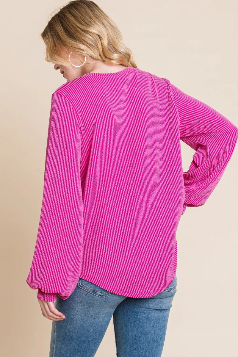BOMBOM Long Sleeve Curved Hem Ribbed T-Shirt for Women - Love Salve