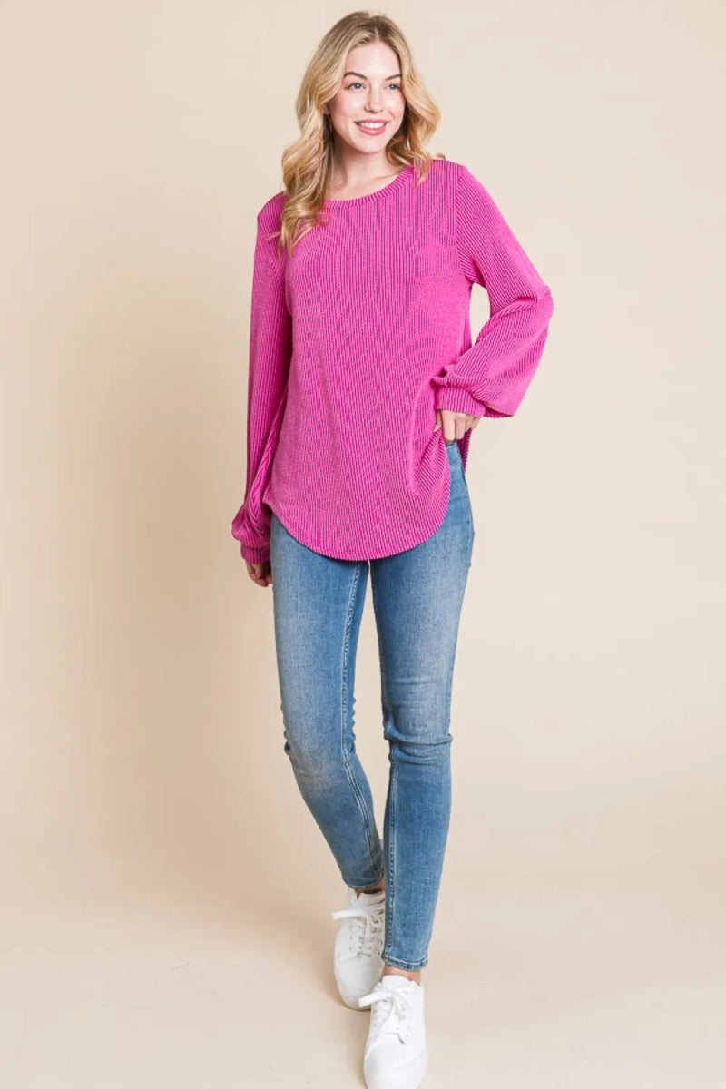 BOMBOM Long Sleeve Curved Hem Ribbed T-Shirt for Women - Love Salve