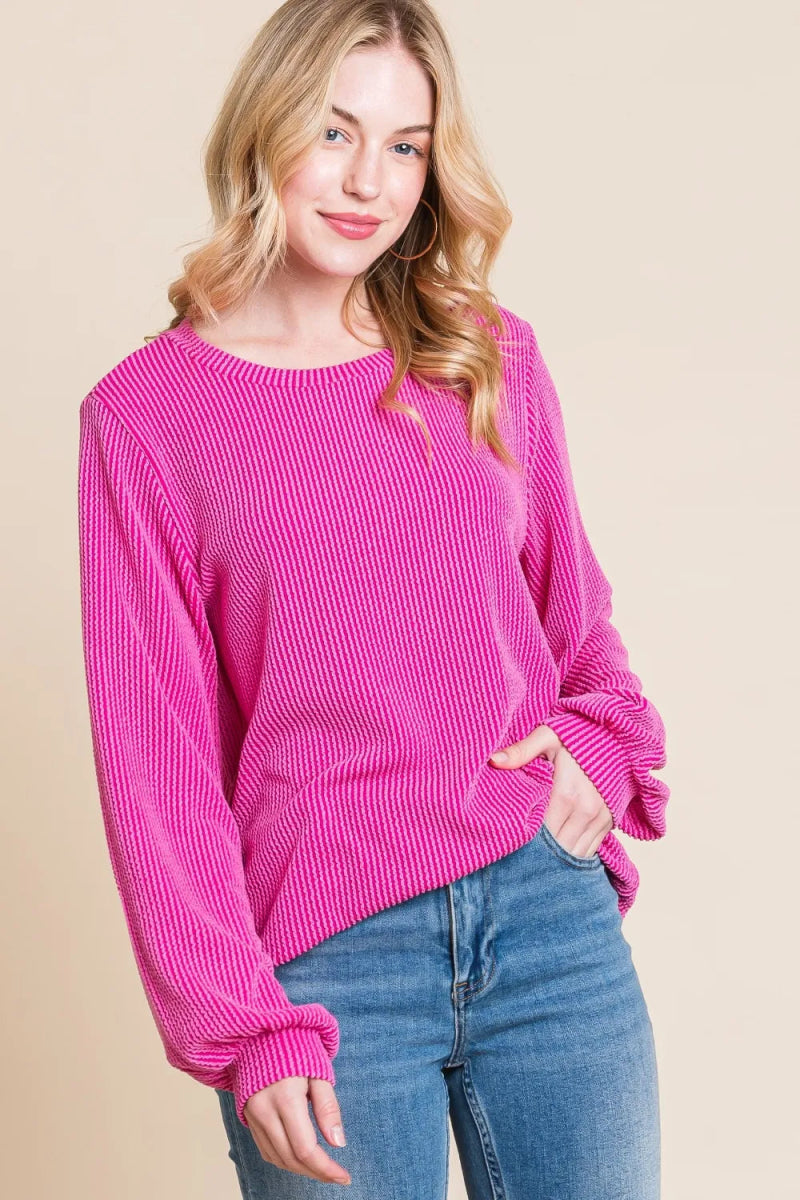 BOMBOM Long Sleeve Curved Hem Ribbed T-Shirt for Women - Love Salve