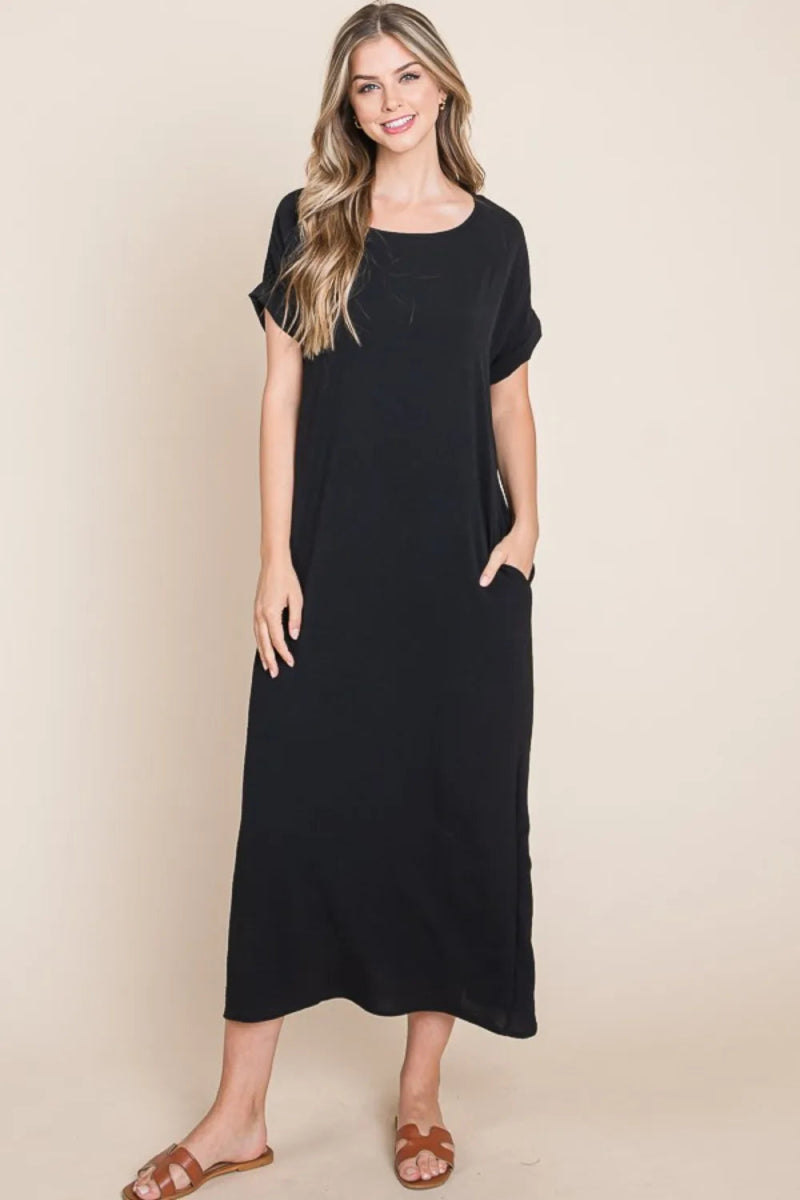 BOMBOM Round Neck Short Sleeve Midi Dress with Pockets - Love Salve