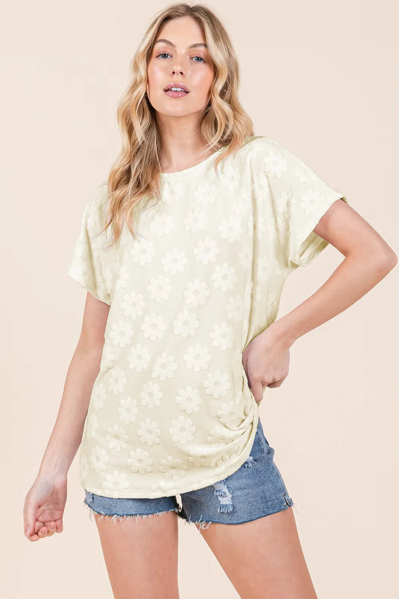 BOMBOM Textured Floral Pattern Short Sleeve T-Shirt for Women - Love Salve
