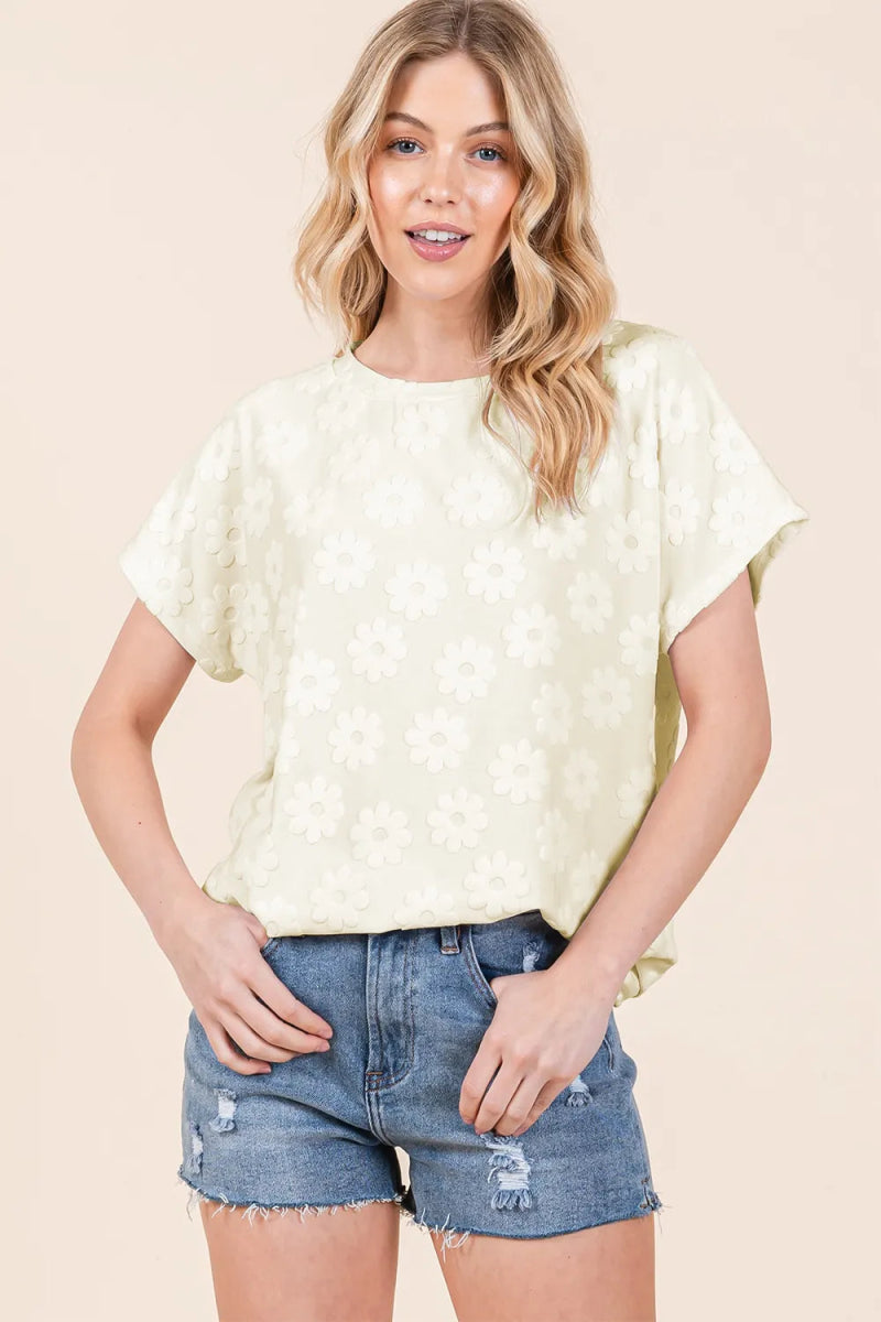 BOMBOM Textured Floral Pattern Short Sleeve T-Shirt for Women - Love Salve