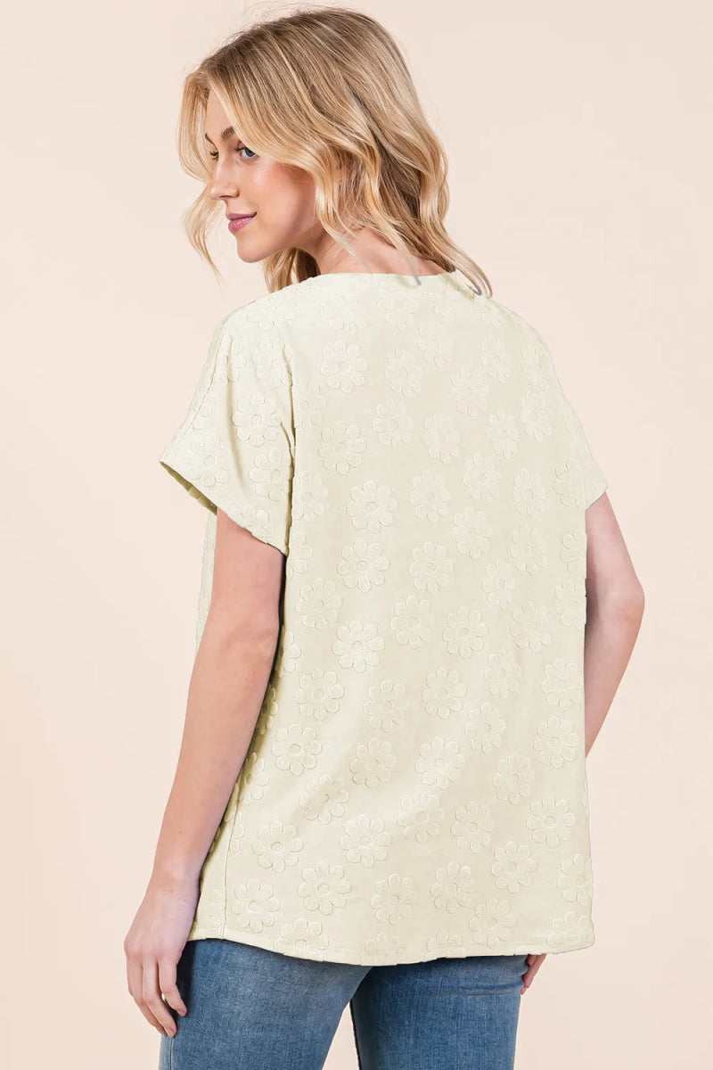 BOMBOM Textured Floral Pattern Short Sleeve T-Shirt for Women - Love Salve