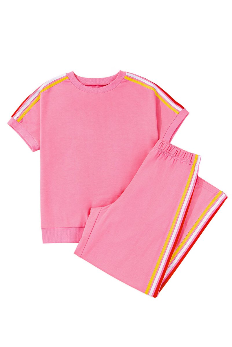 Bonbon Color Contrast Crewneck T Shirt and Wide Leg Pants Set - Love Salve