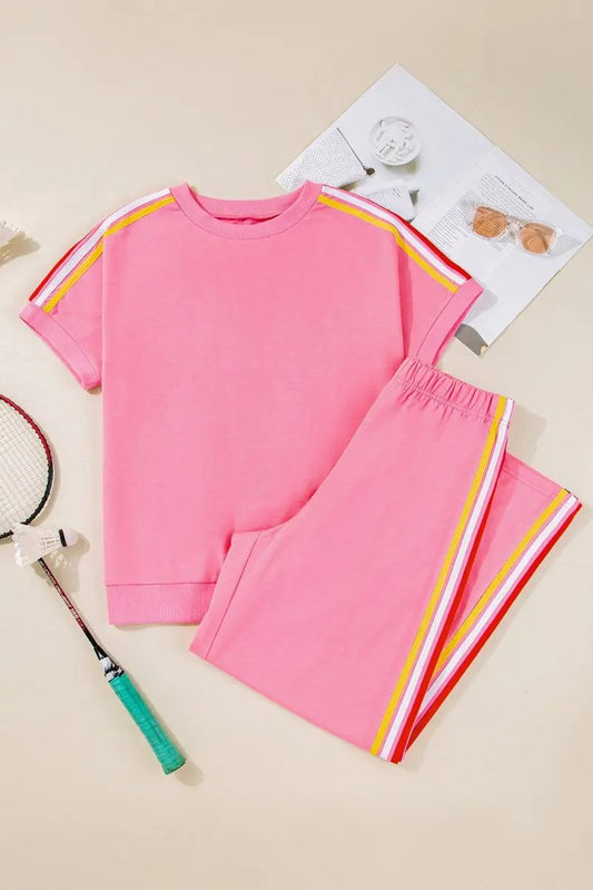 Bonbon Color Contrast Crewneck T Shirt and Wide Leg Pants Set - Love Salve