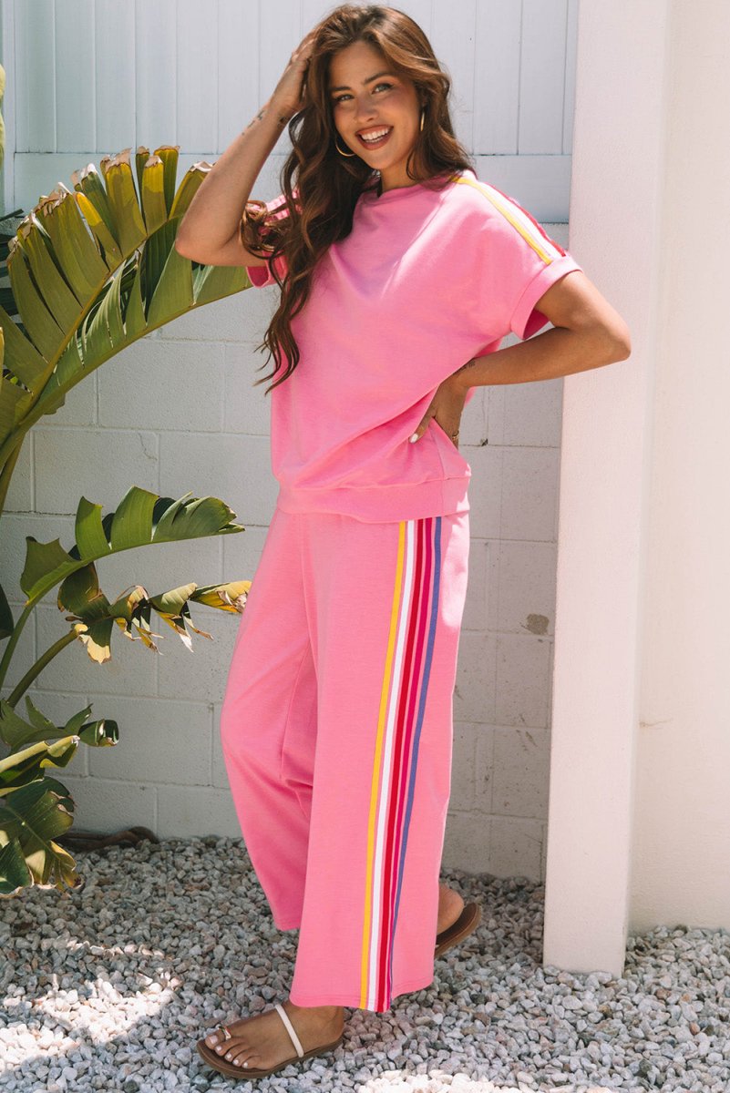 Bonbon Color Contrast Crewneck T Shirt and Wide Leg Pants Set - Love Salve
