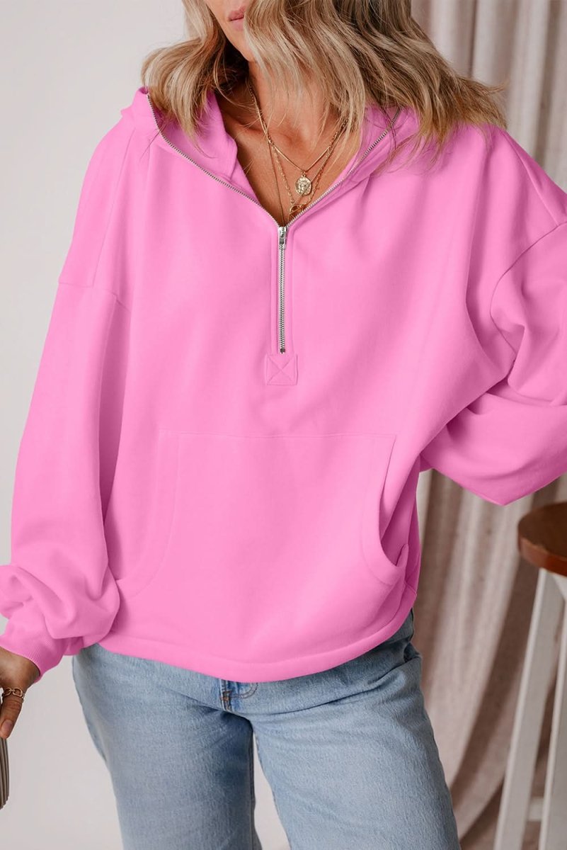 Bonbon Fleece Lined Half Zipper Kangaroo Pockets Loose Hoodie - Love Salve