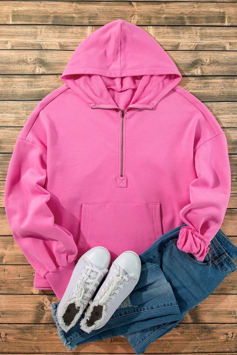 Bonbon Fleece Lined Half Zipper Kangaroo Pockets Loose Hoodie - Love Salve