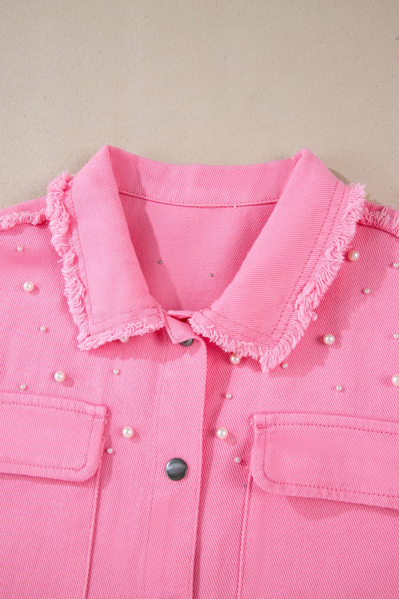 Bonbon Pearl Beaded Raw Hem Button Up Denim Jacket for Women - Love Salve