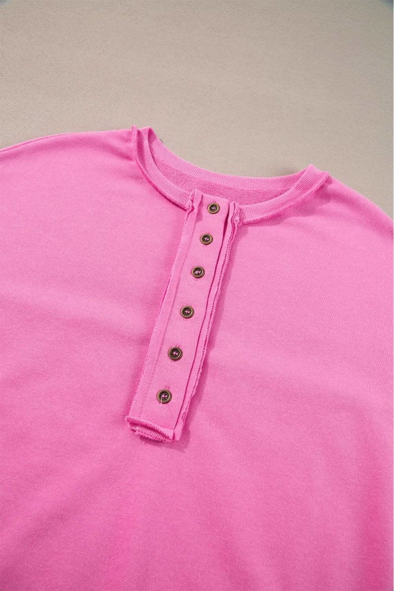 Bonbon Sequin Patchwork High Low Hem Henley Sweatshirt - Love Salve
