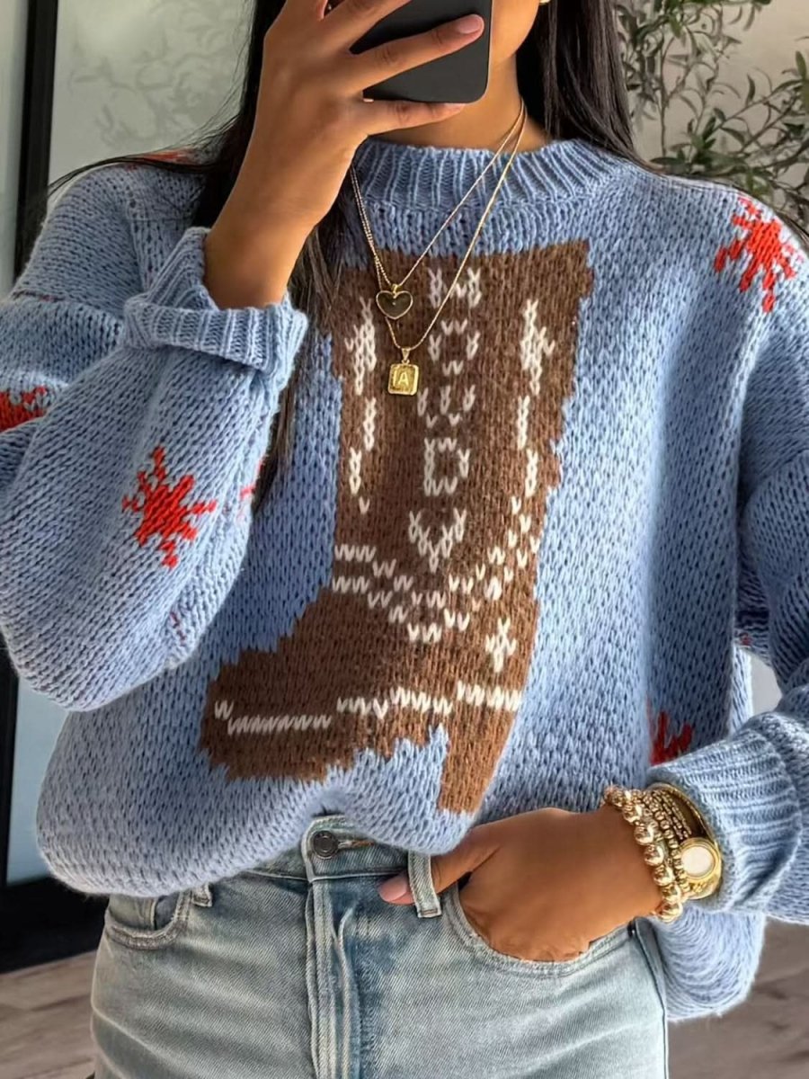 Boot Pattern Round Neck Dropped Shoulder Sweater - Love Salve