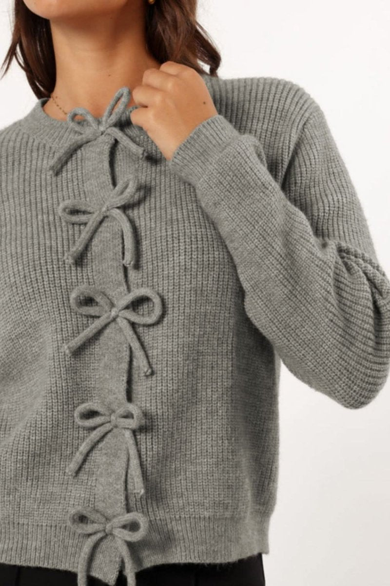 Bow Round Neck Long Sleeve Cardigan - Love Salve