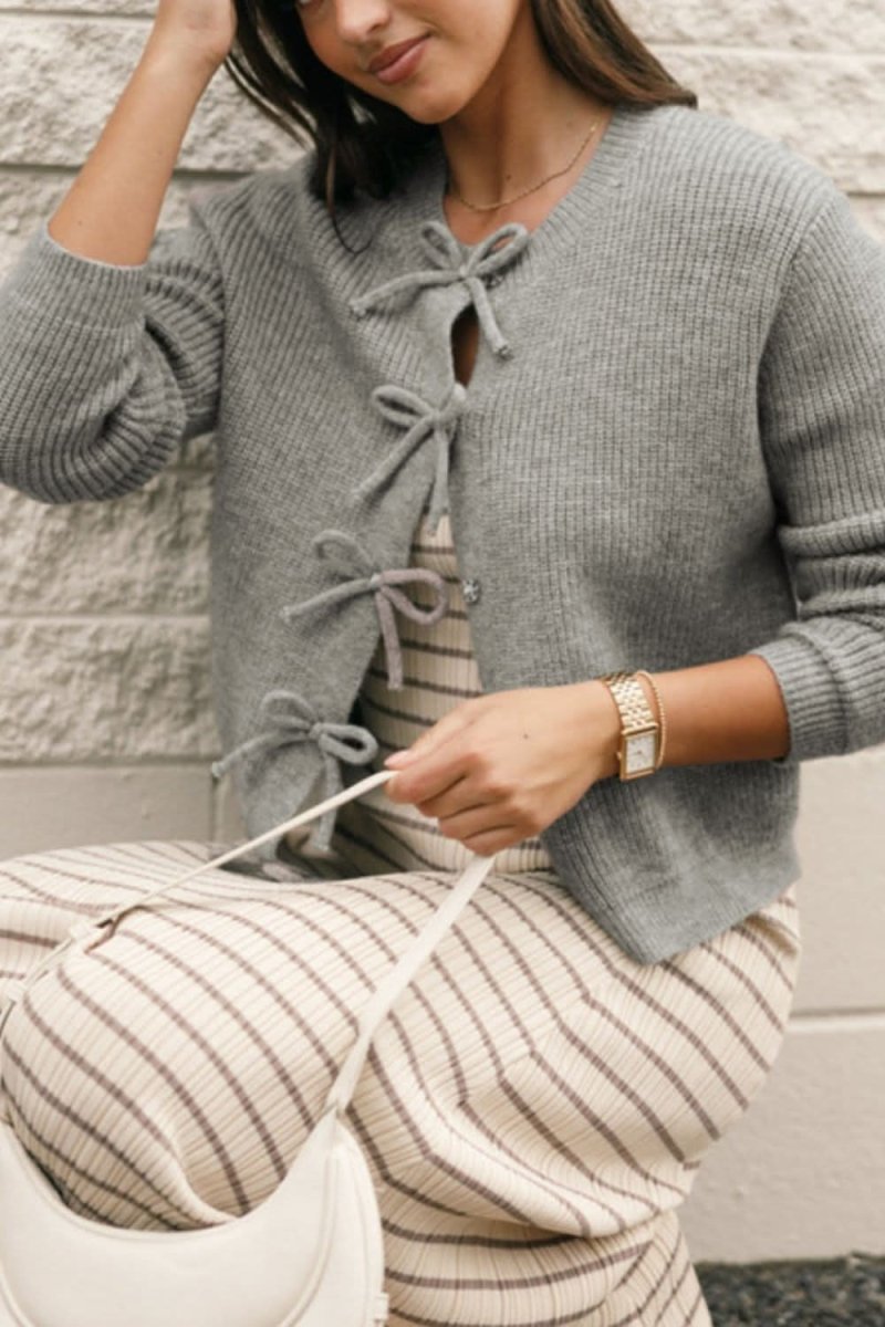 Bow Round Neck Long Sleeve Cardigan - Love Salve