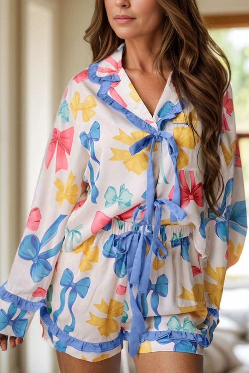 Bow Tie Print Two-Piece Lounge Set with Collared Top and Shorts - Love Salve