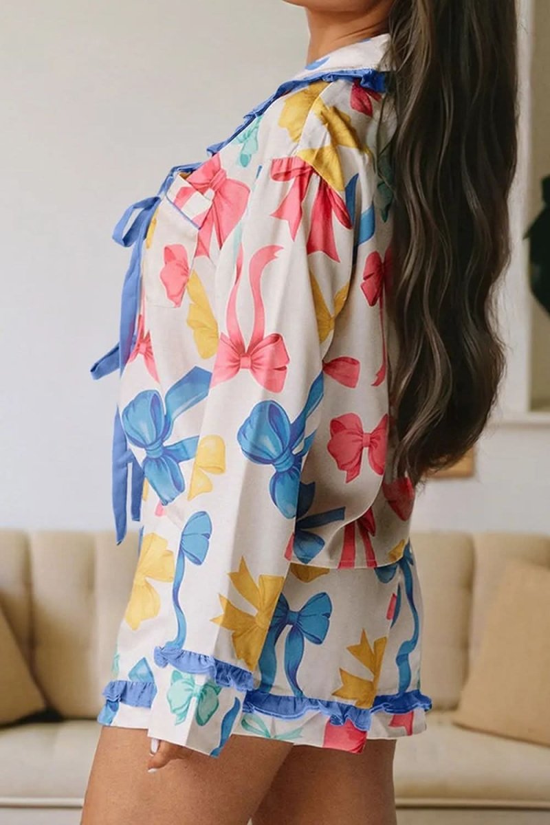 Bow Tie Print Two-Piece Lounge Set with Collared Top and Shorts - Love Salve