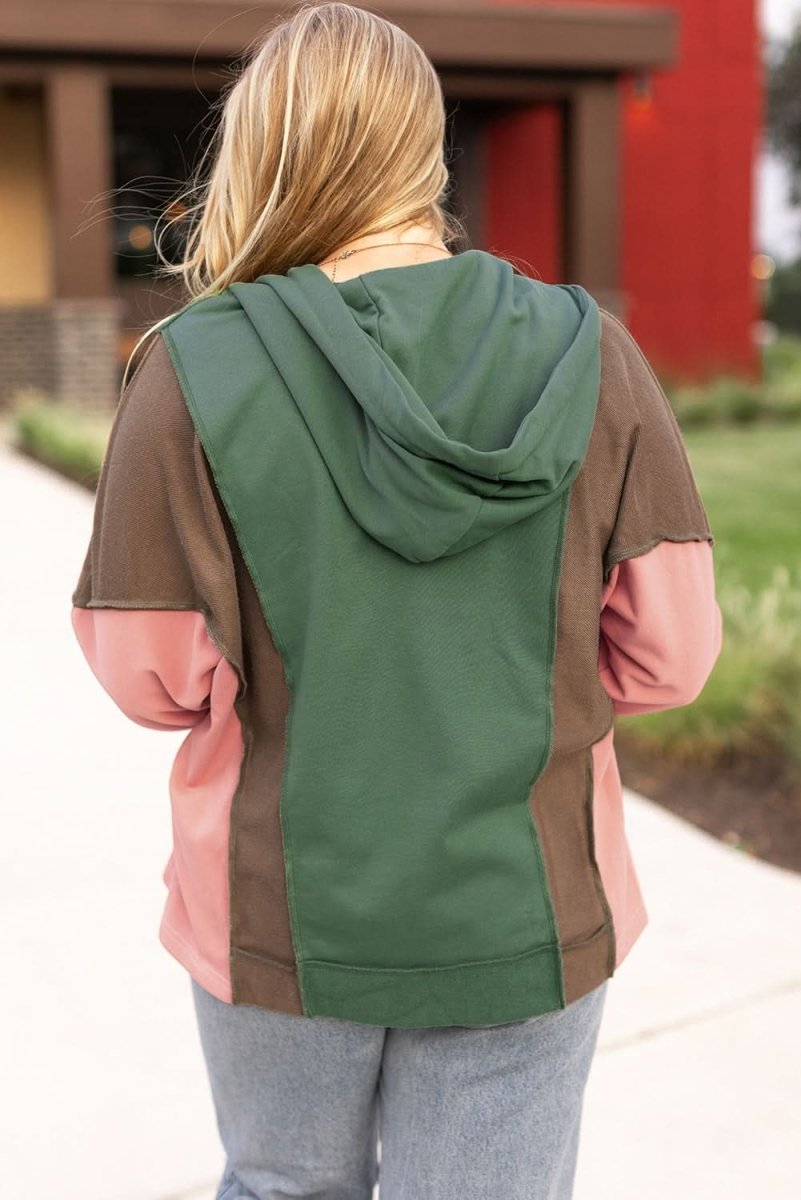 Breen Plus Size Colorblock Patchwork V Neck Hoodie - Love Salve