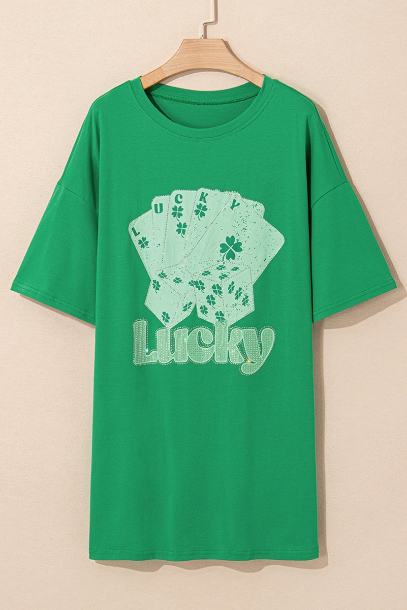 Bright Green Rhinestone Lucky Poker Cards Mini Dress T Shirt - Love Salve