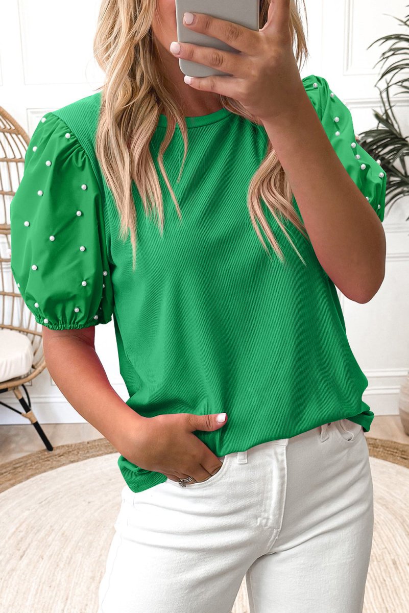 Bright Green Ribbed Pearl Beaded Puff Sleeve Top for Women - Love Salve