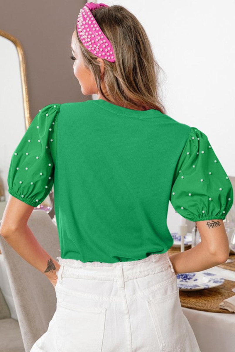 Bright Green Ribbed Pearl Beaded Puff Sleeve Top for Women - Love Salve