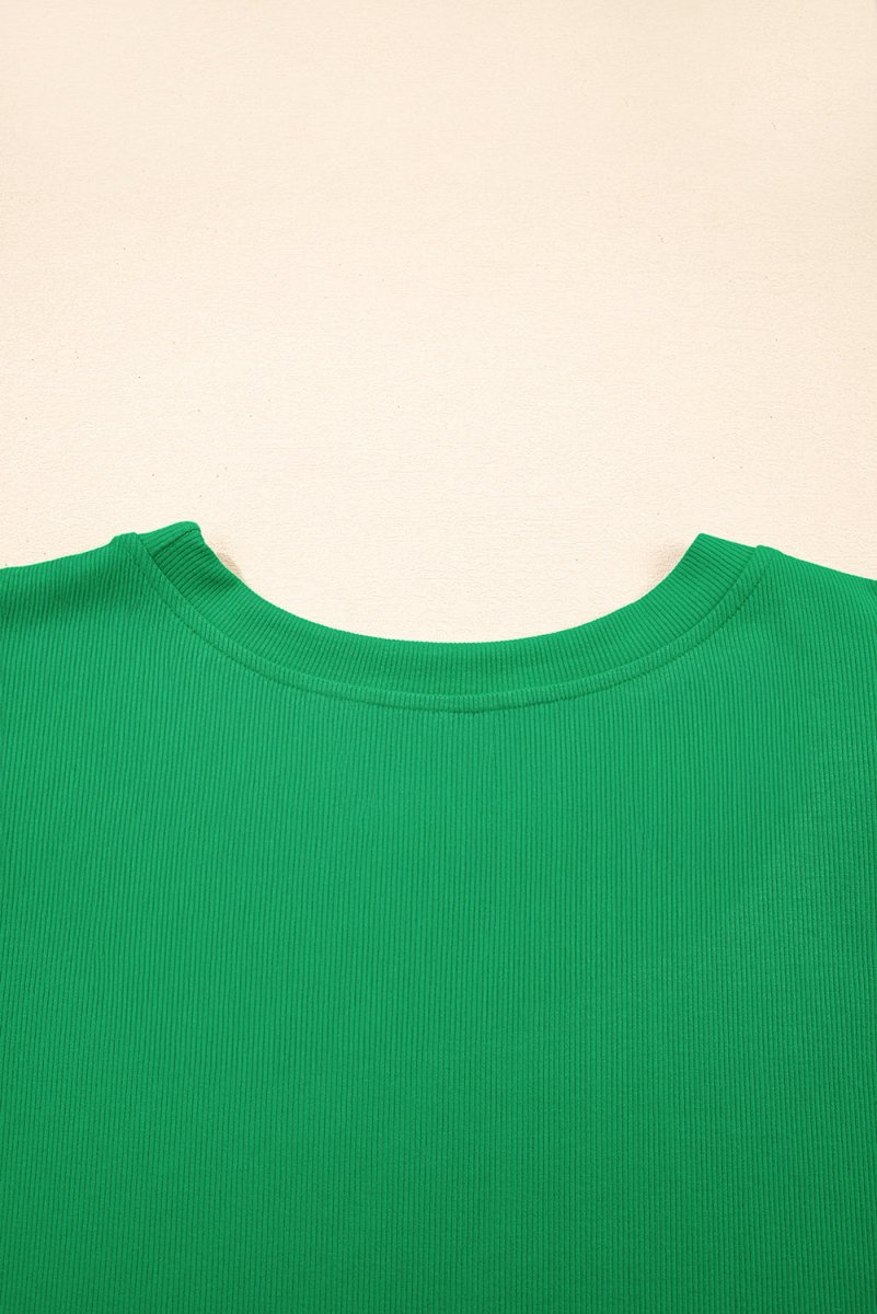 Bright Green Ribbed Pearl Beaded Puff Sleeve Top for Women - Love Salve
